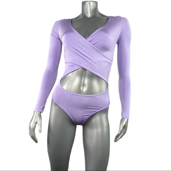 Fashion Nova | Lilac Purple Cut Out Body Suit Long Sleeve Thong back - Picture 2 of 16
